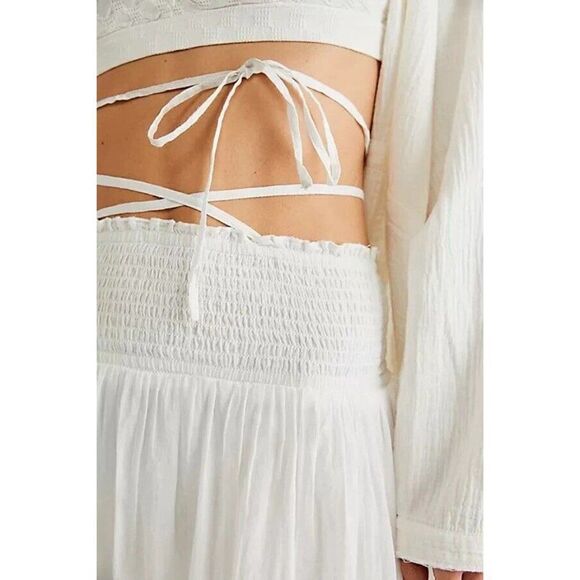 NEW FREE PEOPLE Sz M FOLLOW RIVERS CONVERTIBLE SMOCKED DRESS SKIRT IN IVORY - Picture 4 of 6